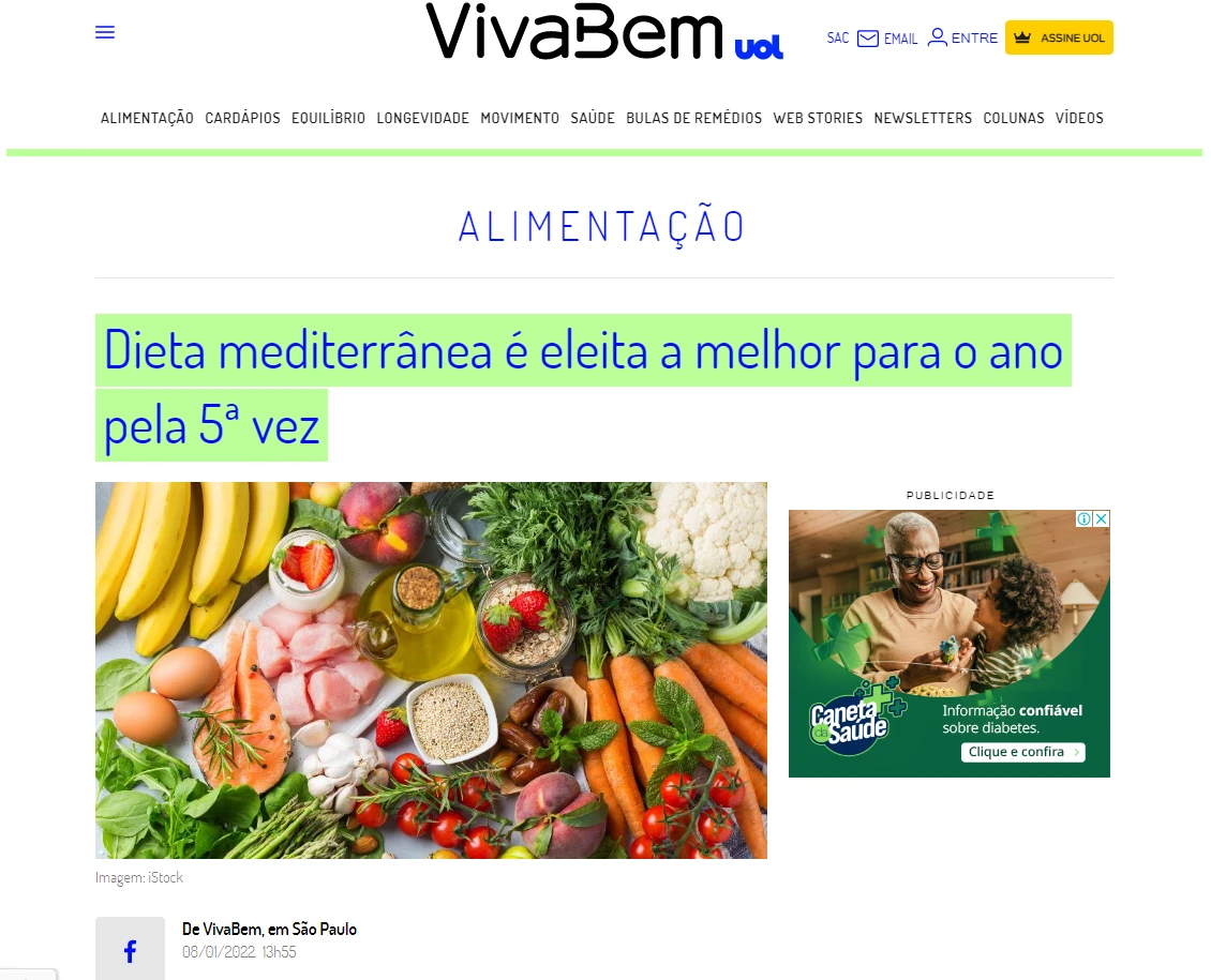 Notícia UOL - Benefícios da dieta mediterrânea eleita 5ª vez melhor dieta